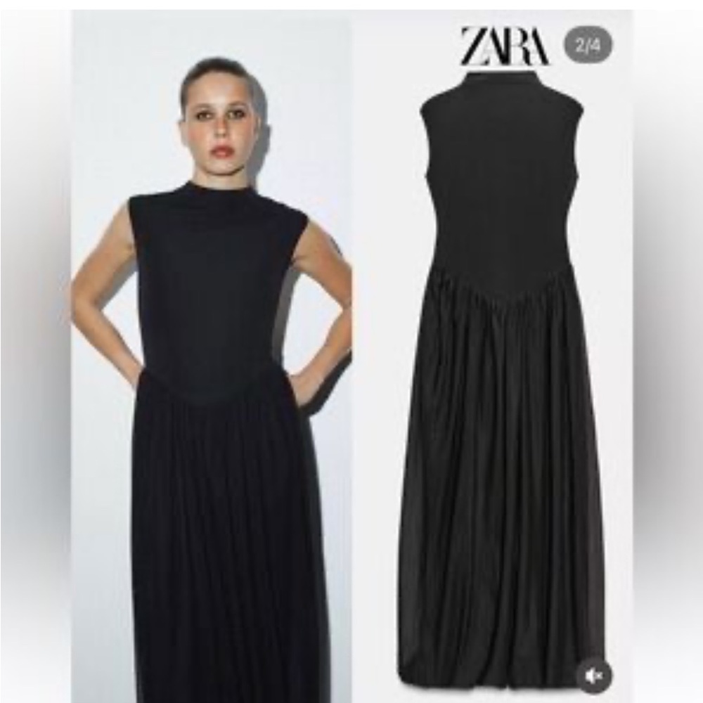 Zara NWT black contrast tulle midi dress 5584/807